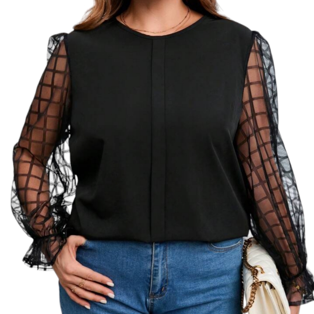Shein Black Contrast Mesh Flounce Sleeve Blouse Size 0XL/12